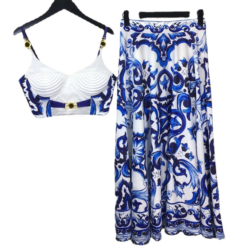 Suspender Tank Top - Ensemble d'été bohème en porcelaine bleue